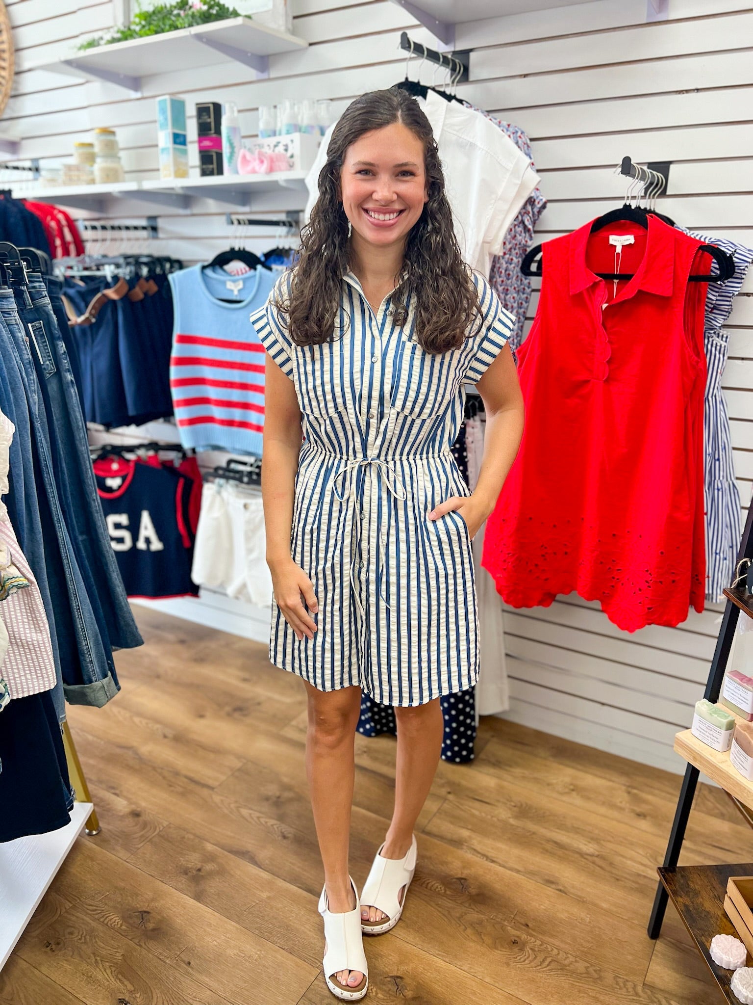 Blue Striped Dress with Tie Waist and Pockets - A'Bekah's Boutique