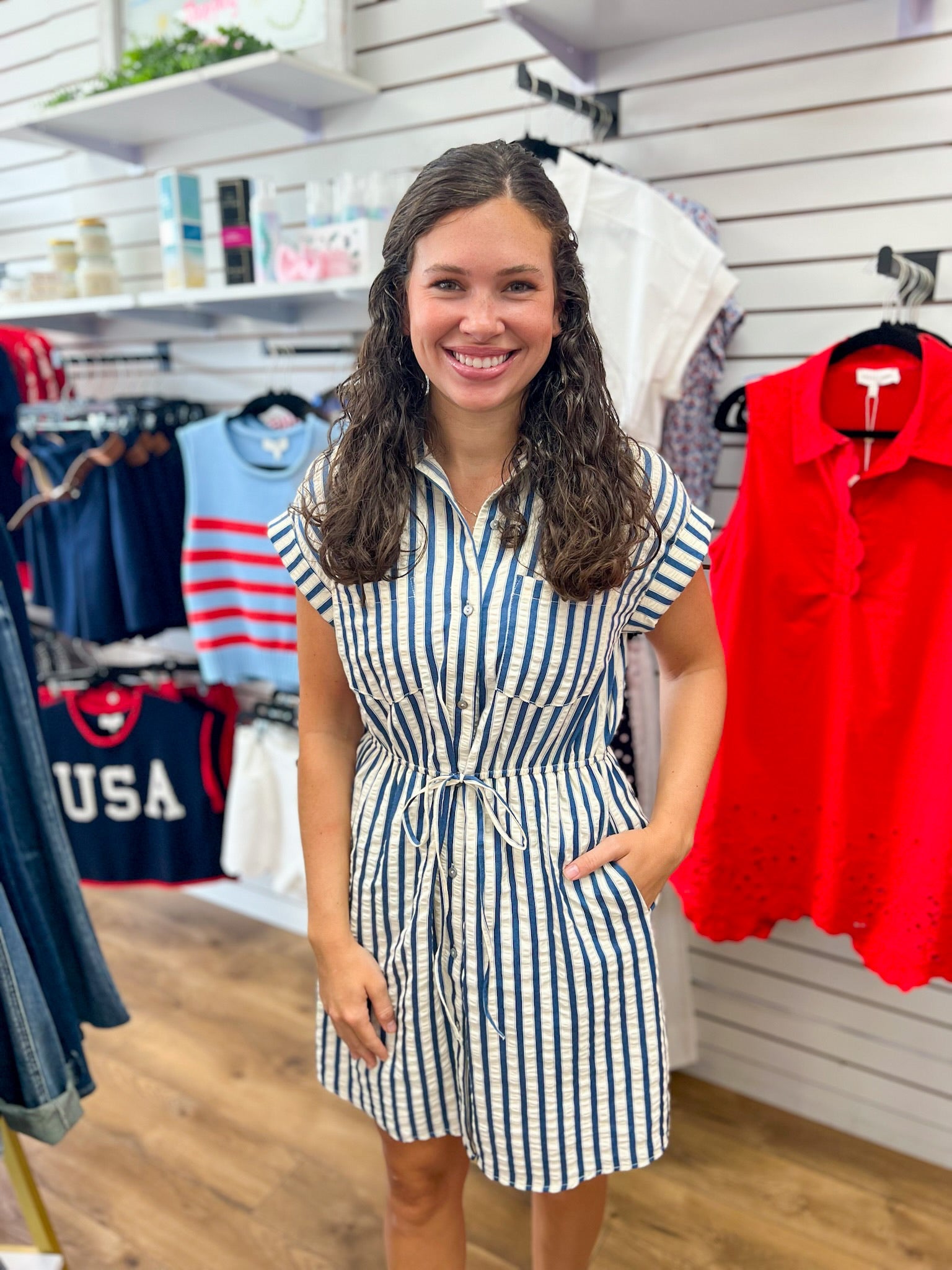 Blue Striped Dress with Tie Waist and Pockets - A'Bekah's Boutique