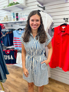 Blue Striped Dress with Tie Waist and Pockets - A'Bekah's Boutique
