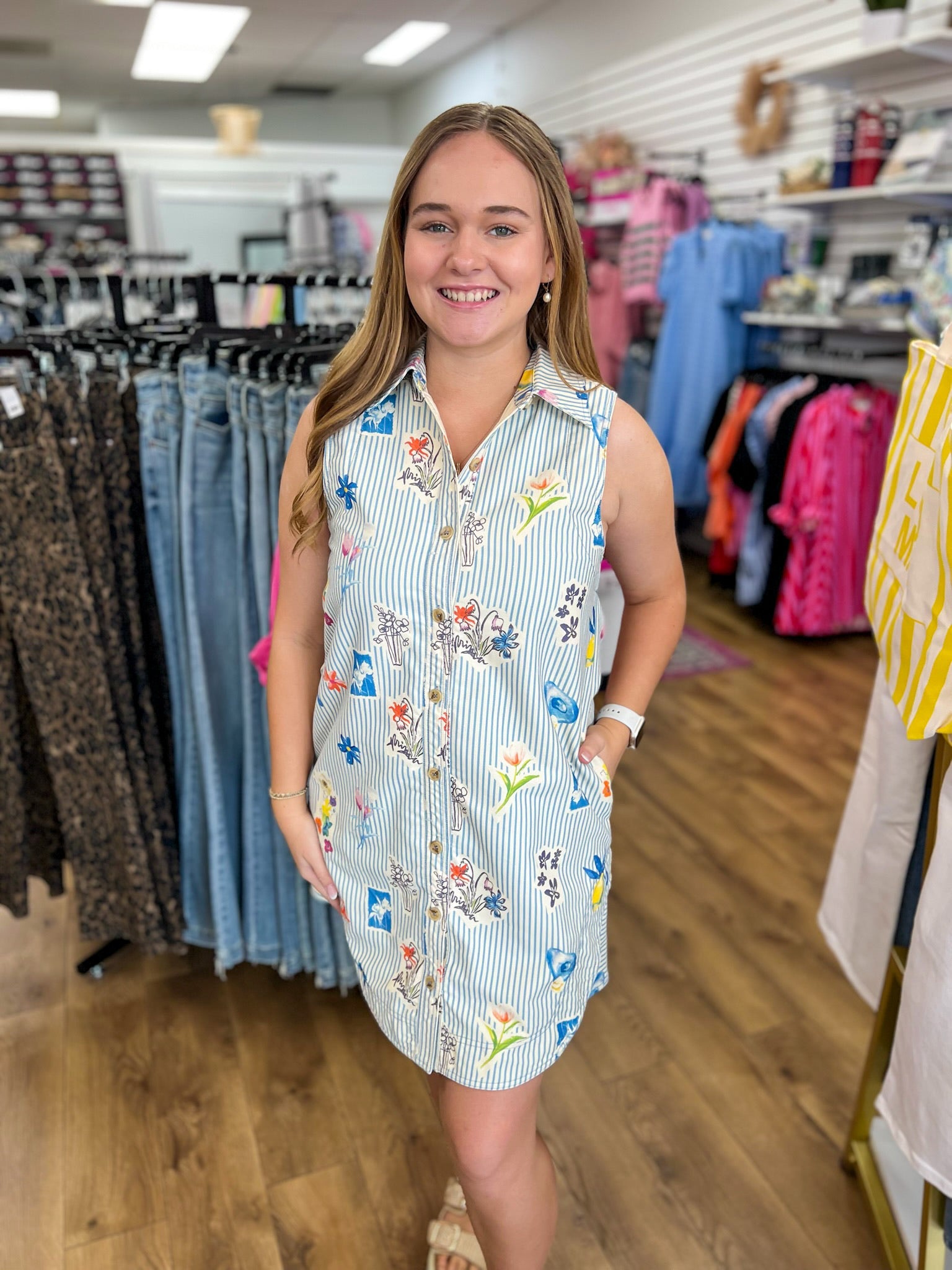 Blue Striped Floral Sleeveless Dress - A'Bekah's Boutique
