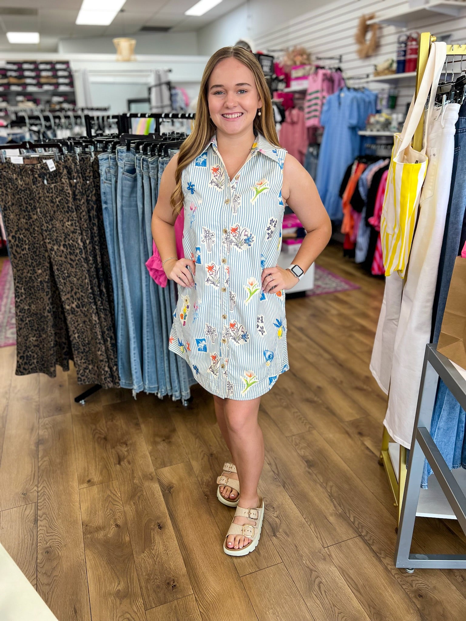 Blue Striped Floral Sleeveless Dress - A'Bekah's Boutique