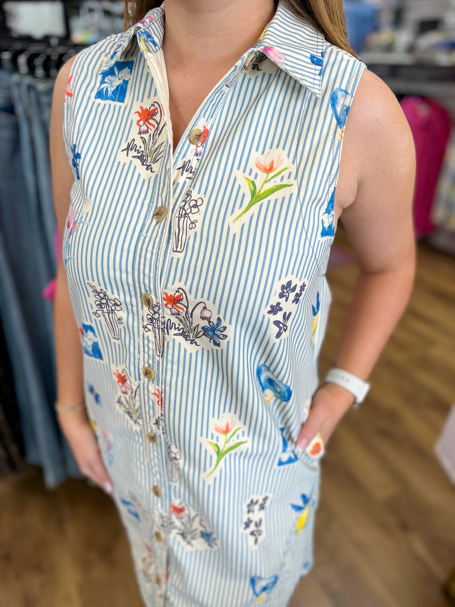 Blue Striped Floral Sleeveless Dress - A'Bekah's Boutique