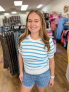 Blue Striped Knit Top with Scalloped Edges - A'Bekah's Boutique