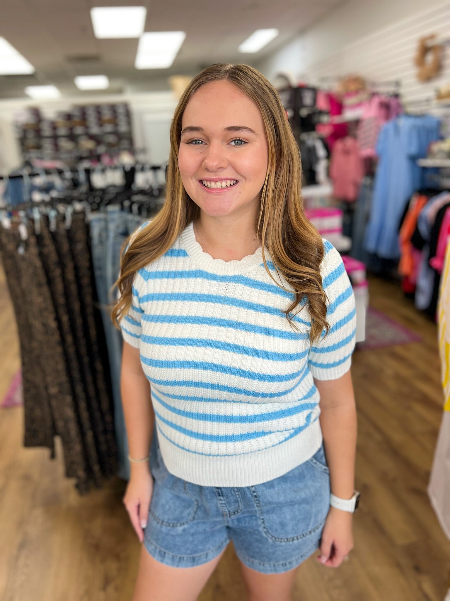 Blue Striped Knit Top with Scalloped Edges - A'Bekah's Boutique