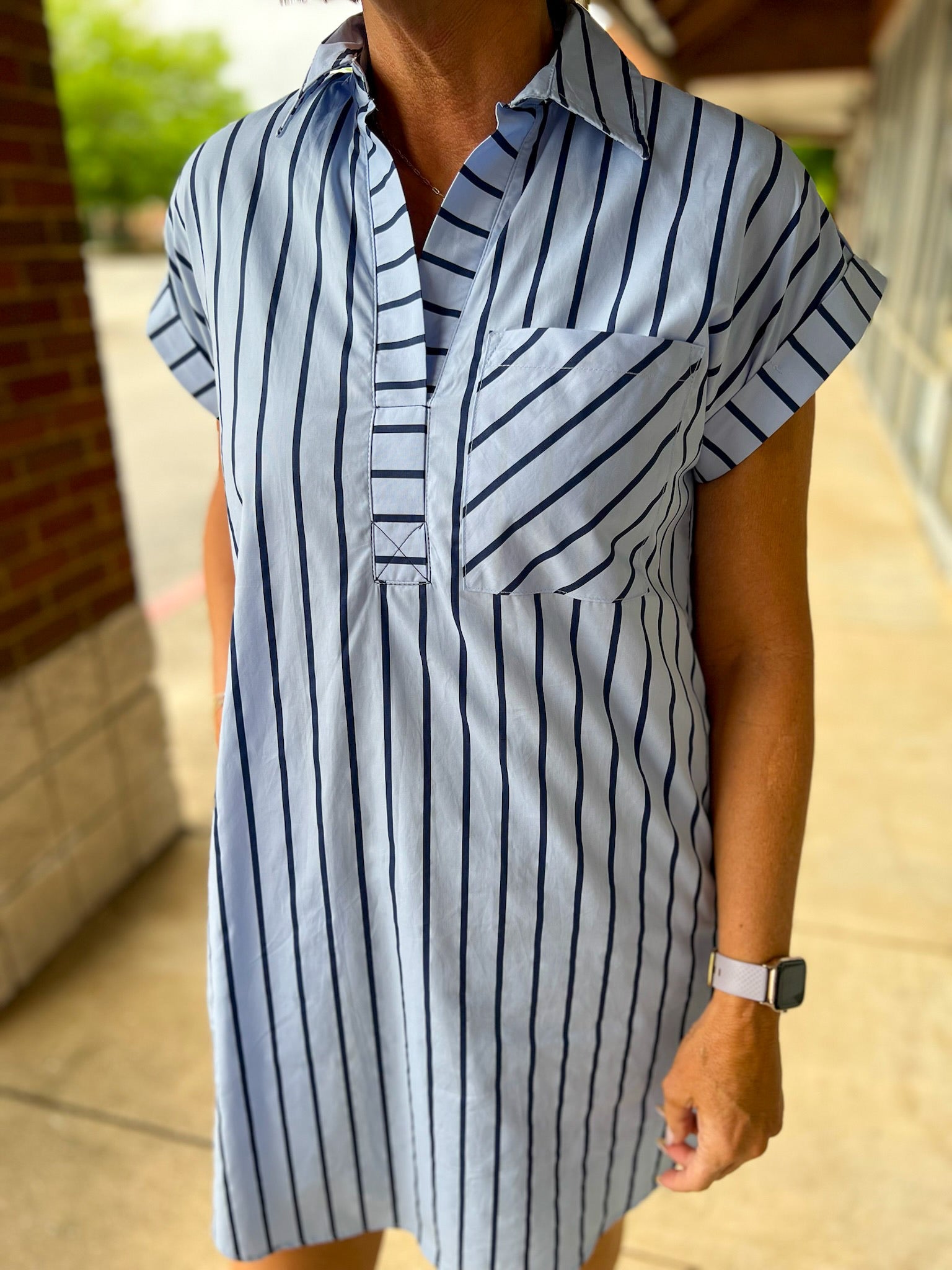 Blue Striped Short Sleeve Dress with Pockets - A'Bekah's Boutique
