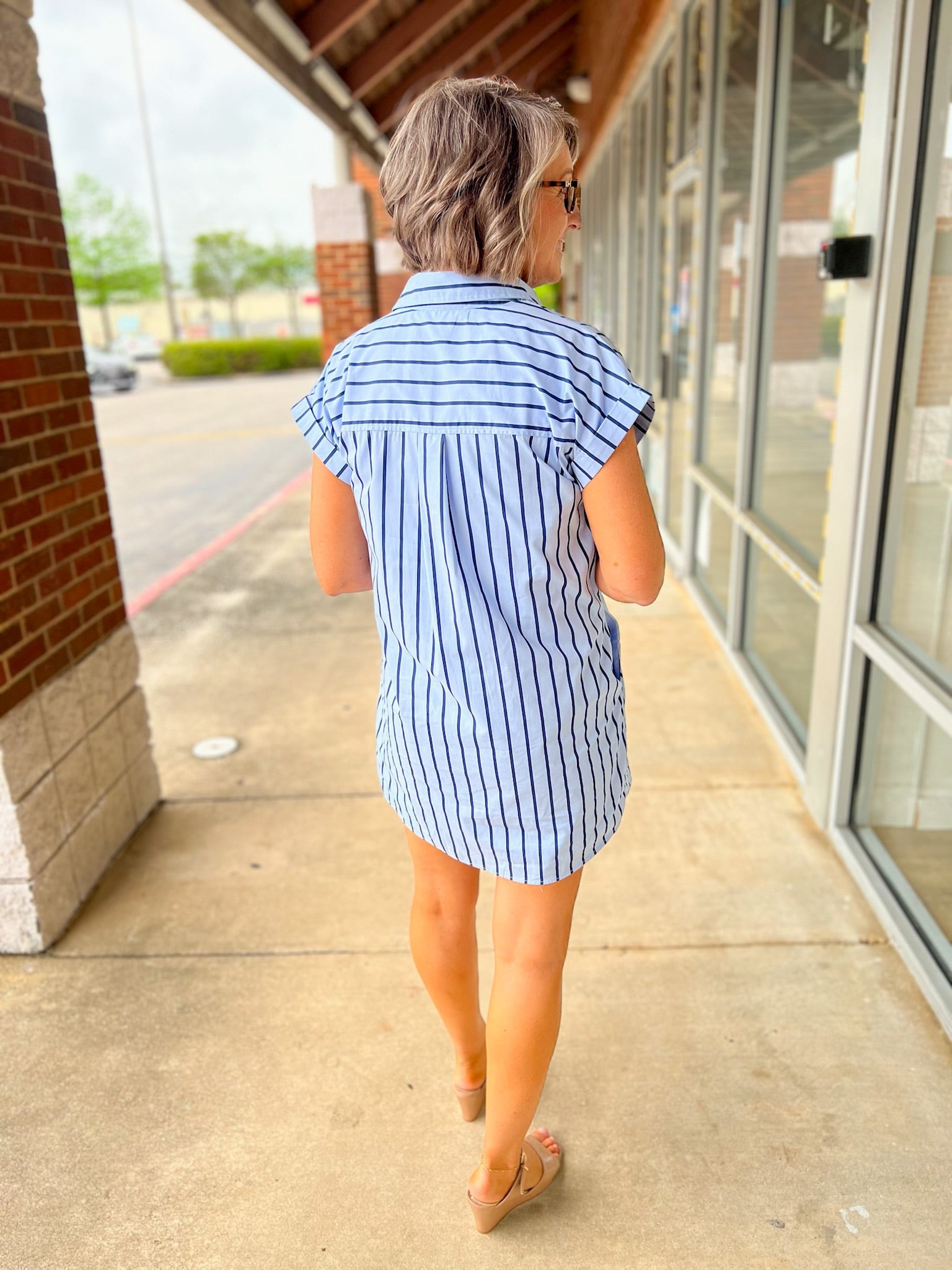 Blue Striped Short Sleeve Dress with Pockets - A'Bekah's Boutique