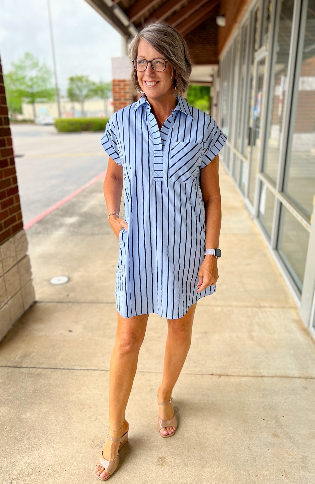 Blue Striped Short Sleeve Dress with Pockets - A'Bekah's Boutique