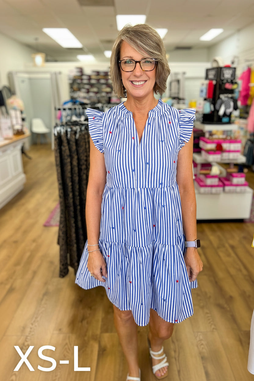 Blue Striped Tiered Dress with Embroidered Stars - A'Bekah's Boutique