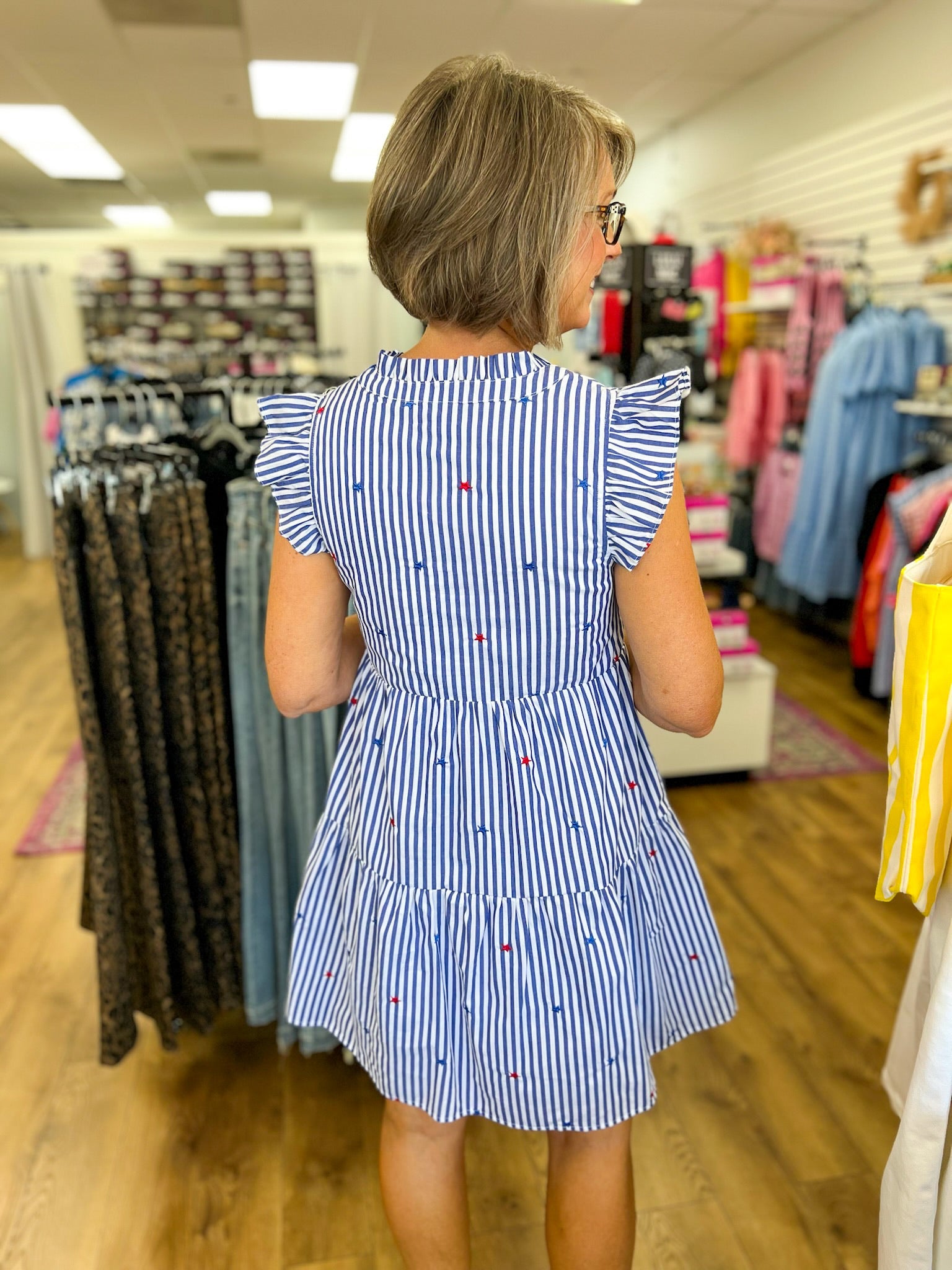 Blue Striped Tiered Dress with Embroidered Stars - A'Bekah's Boutique