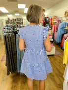 Blue Striped Tiered Dress with Embroidered Stars - A'Bekah's Boutique