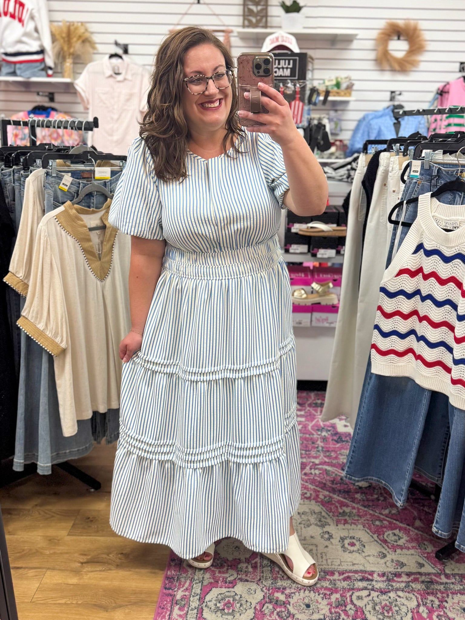 Blue Striped Tiered Midi Dress with Short Puff Sleeves - A'Bekah's Boutique