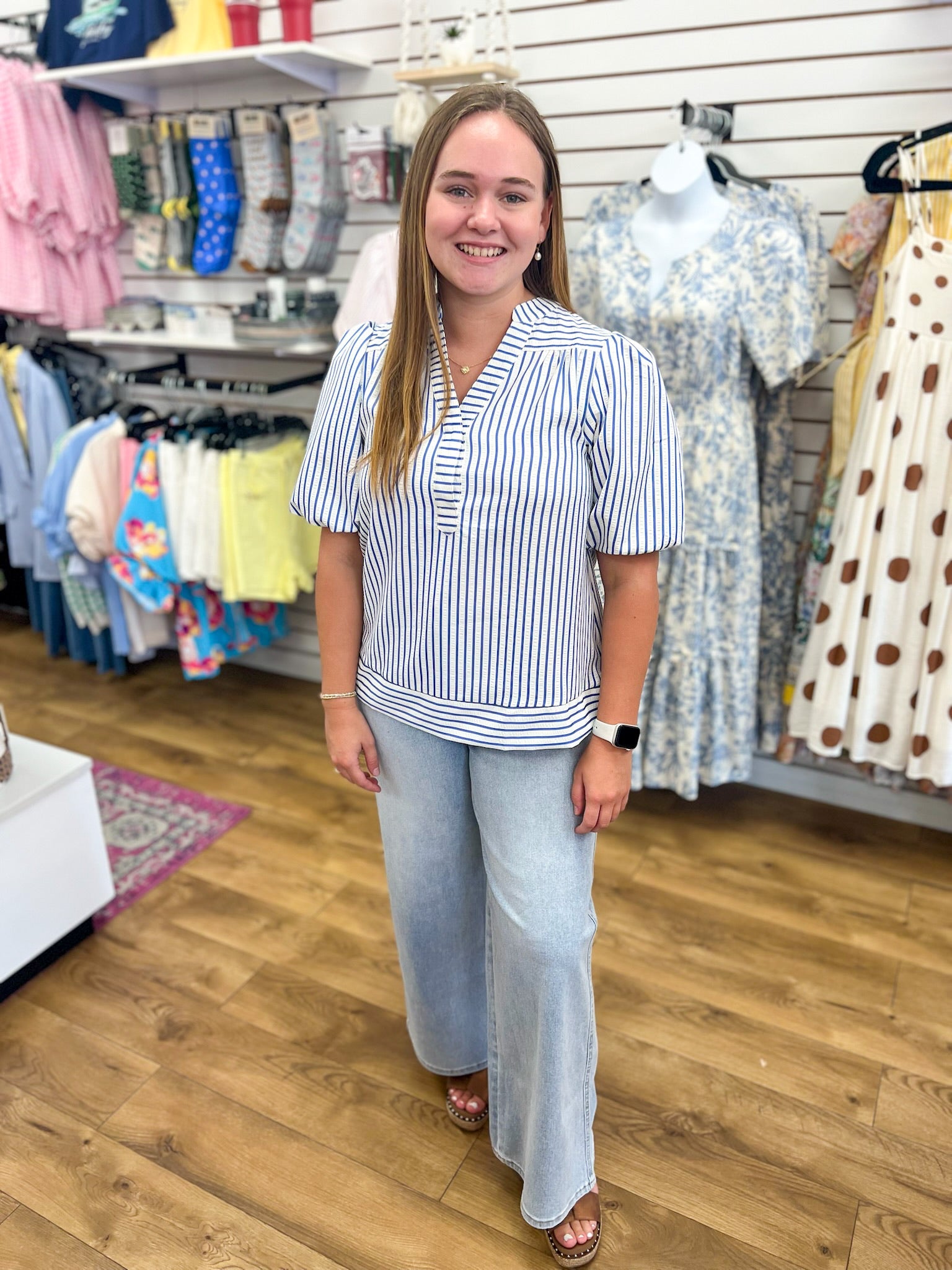 Blue Striped V-Neck Top with Short Bubble Sleeves - A'Bekah's Boutique