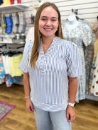 Blue Striped V-Neck Top with Short Bubble Sleeves - A'Bekah's Boutique
