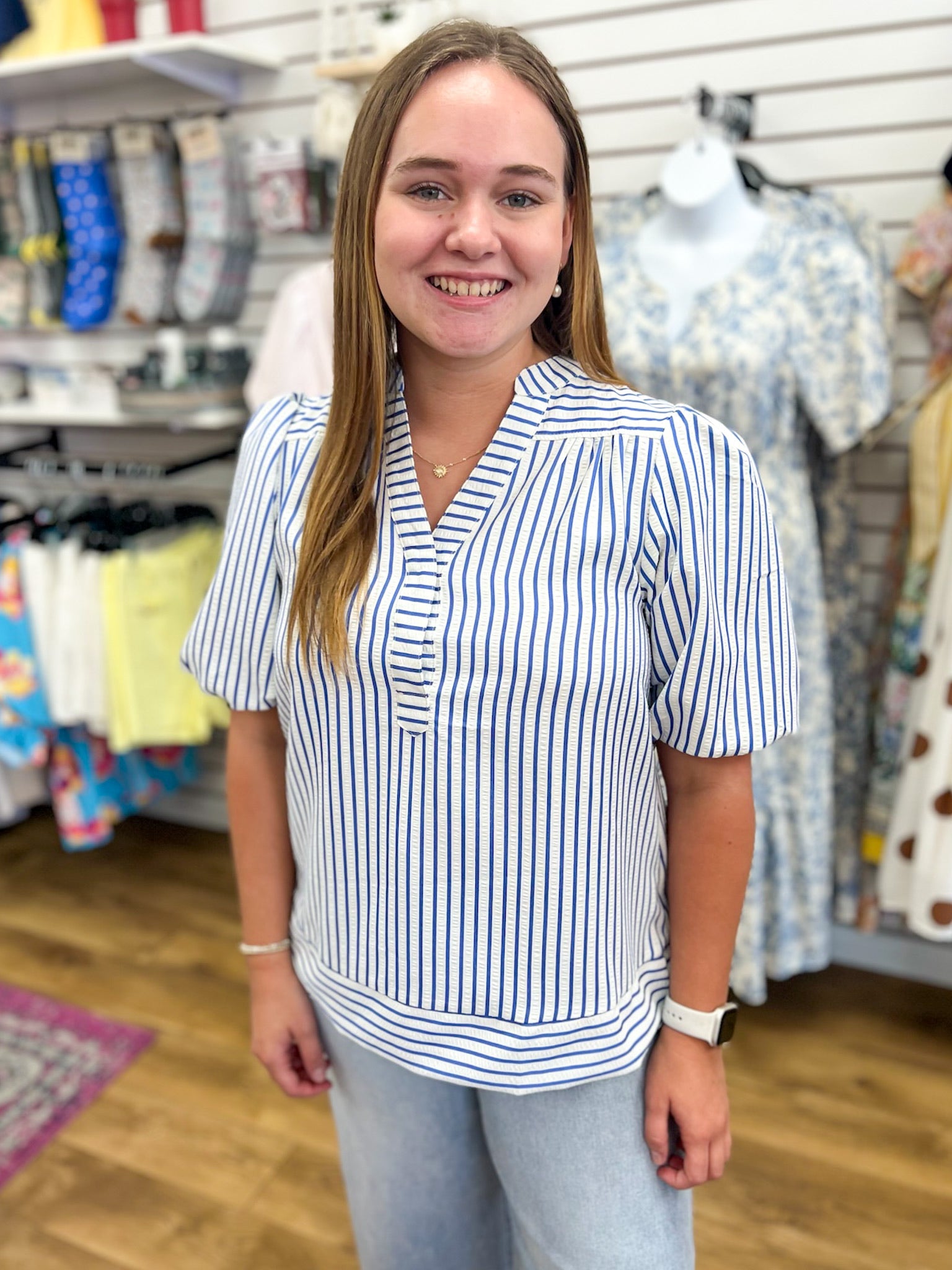 Blue Striped V-Neck Top with Short Bubble Sleeves - A'Bekah's Boutique