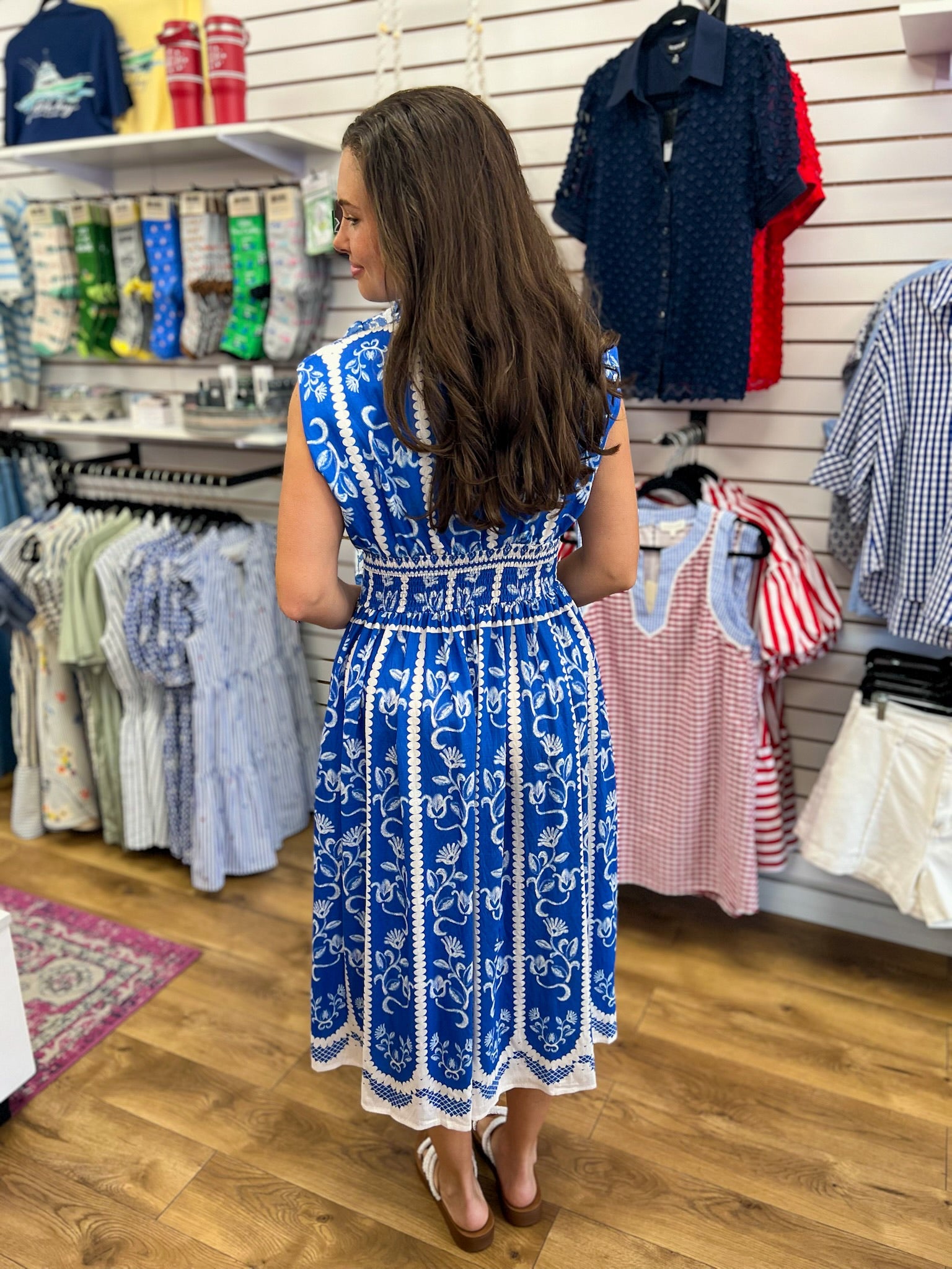 Blue V-Neck Sleeveless Midi Dress with Smocked Waist - A'Bekah's Boutique