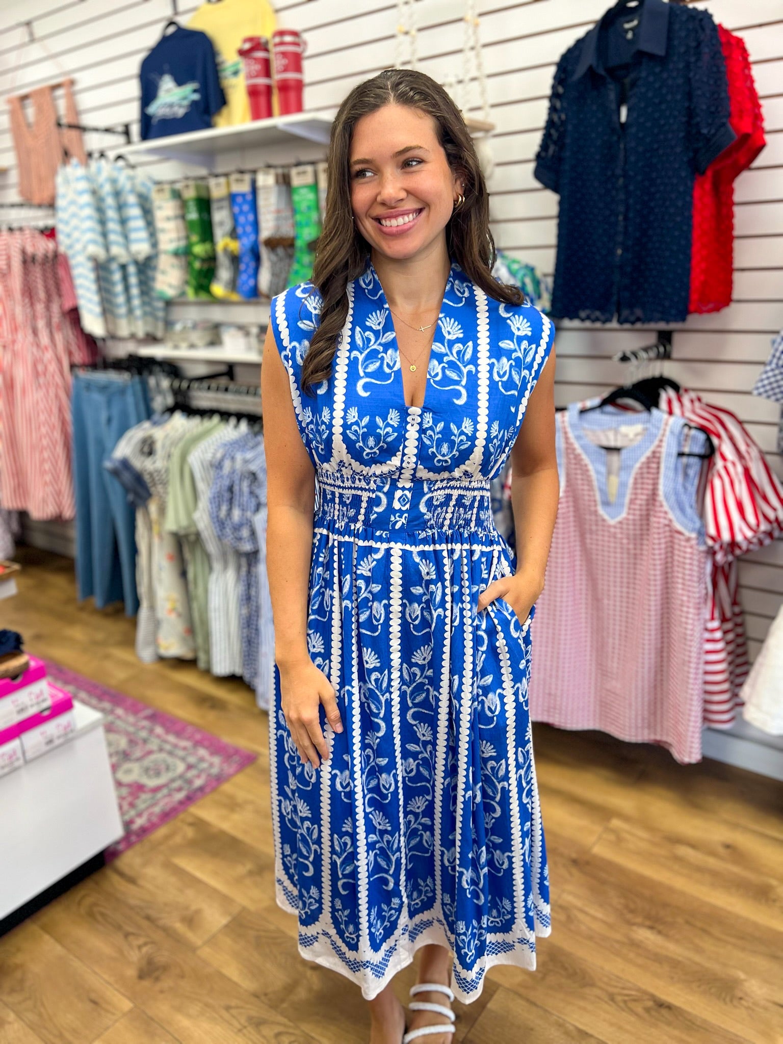 Blue V-Neck Sleeveless Midi Dress with Smocked Waist - A'Bekah's Boutique