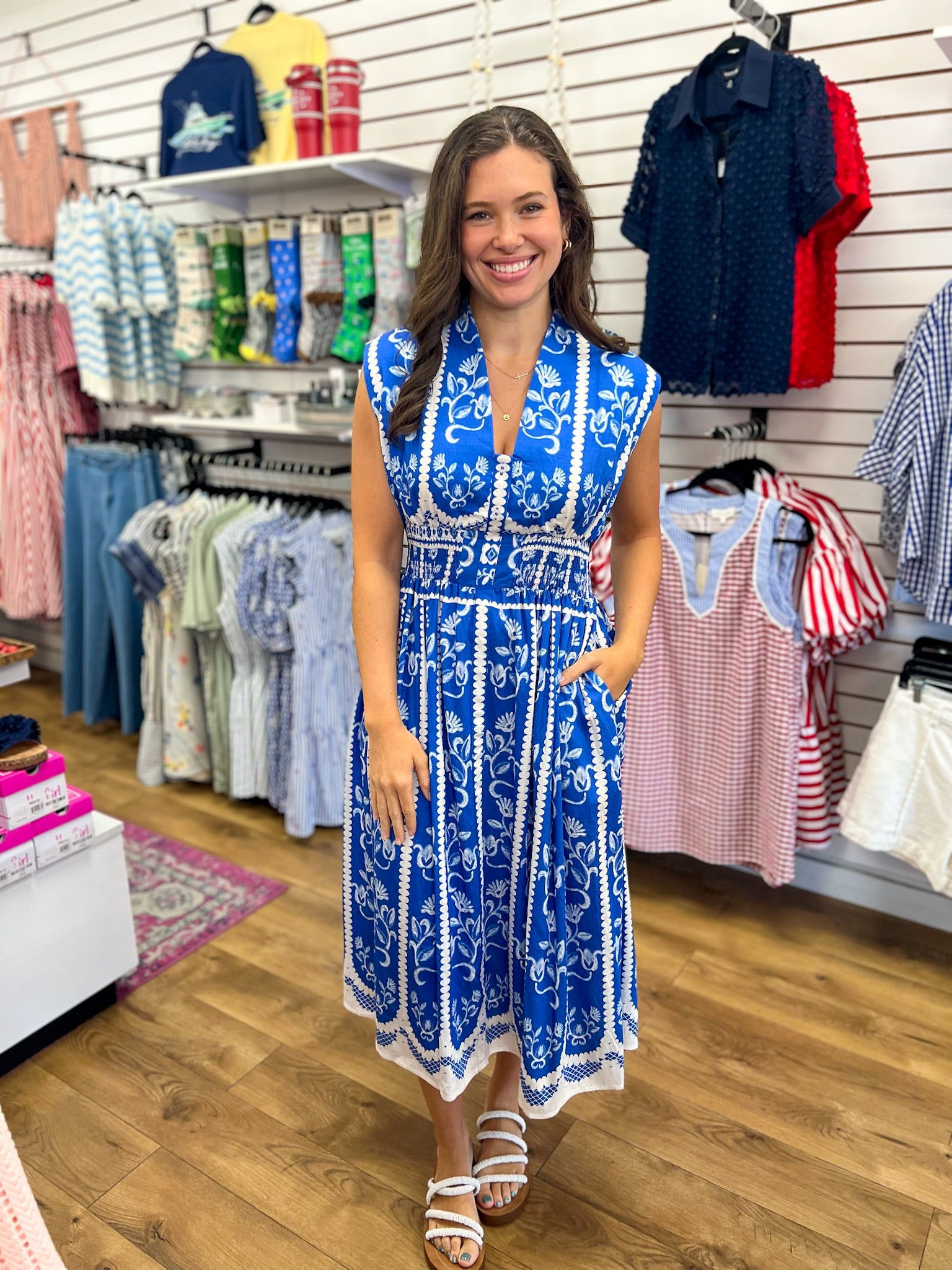 Blue V-Neck Sleeveless Midi Dress with Smocked Waist - A'Bekah's Boutique