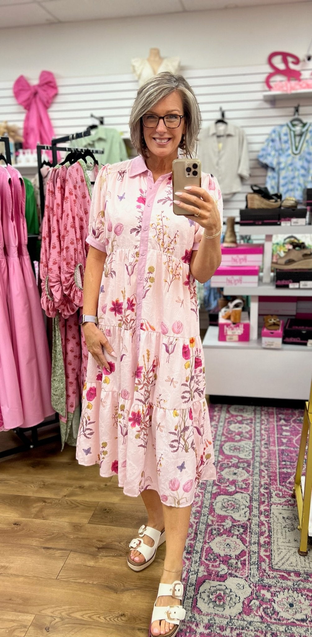Blush Pink Floral Jacquard Button Down Midi Dress - A'Bekah's Boutique