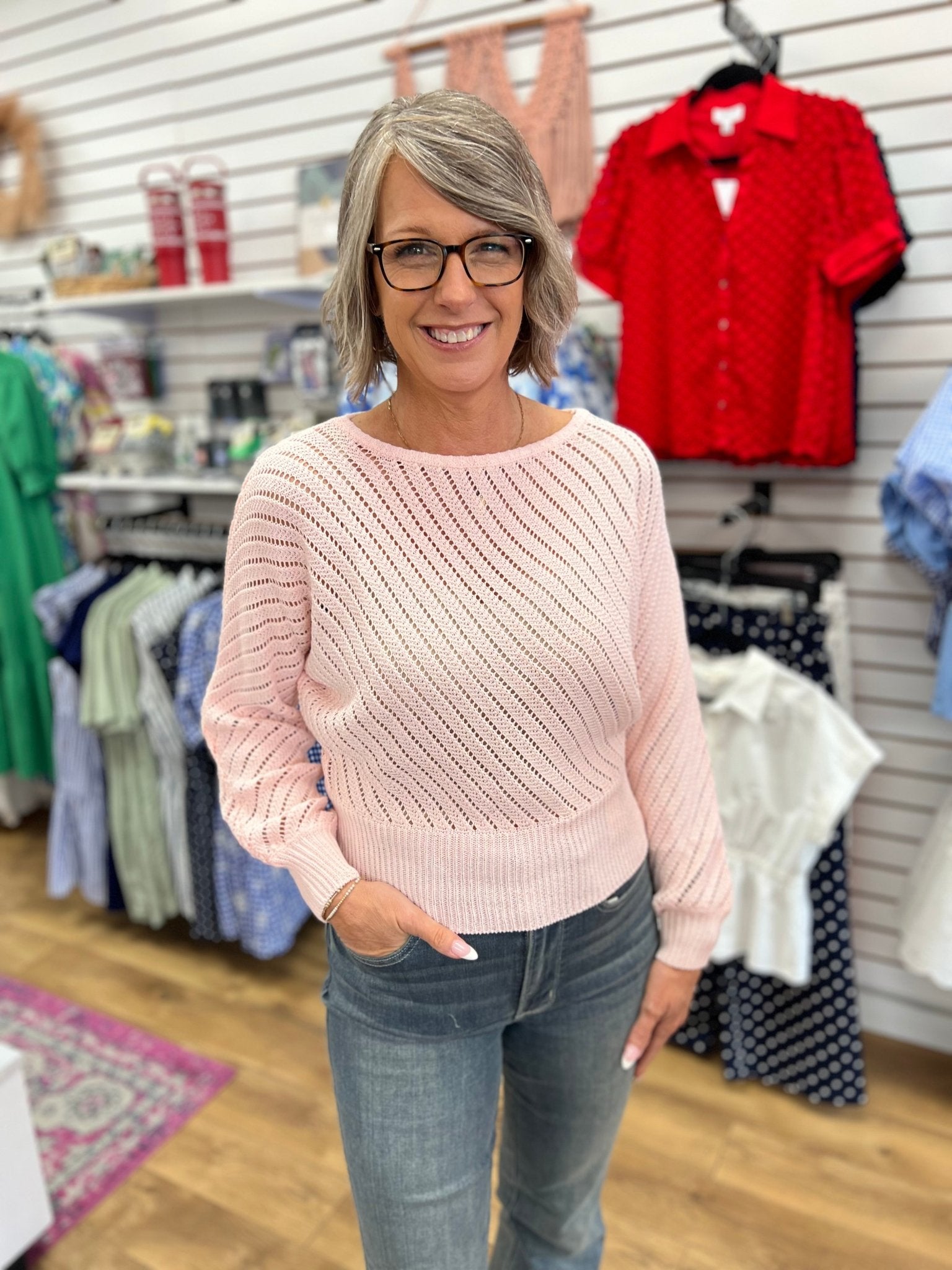 Blush Pink Open Knit Long Dolman Sleeve Sweater - A'Bekah's Boutique
