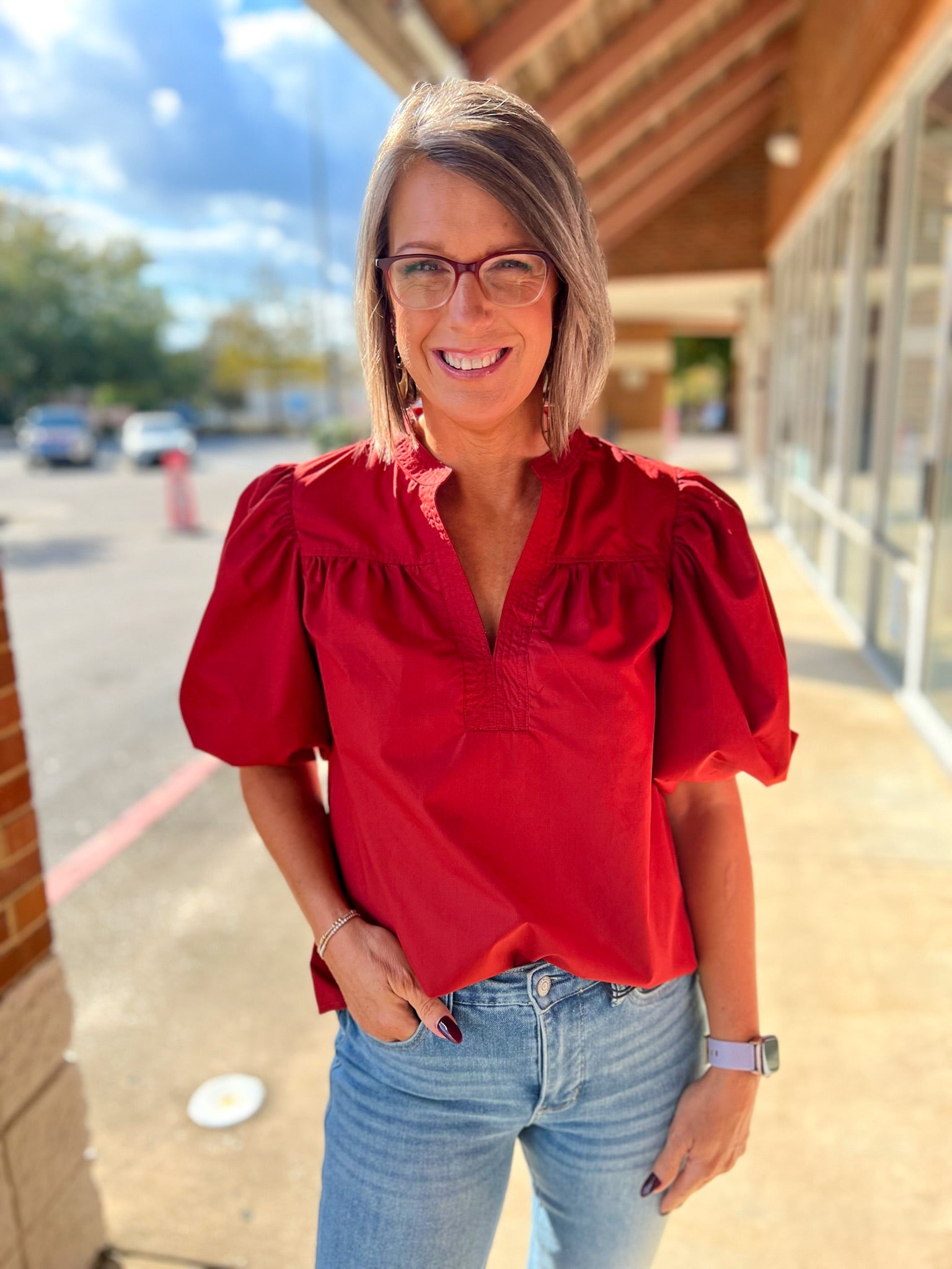 Brick Red V - Neck Elbow Length Bubble Sleeve Top - A'Bekah's Boutique