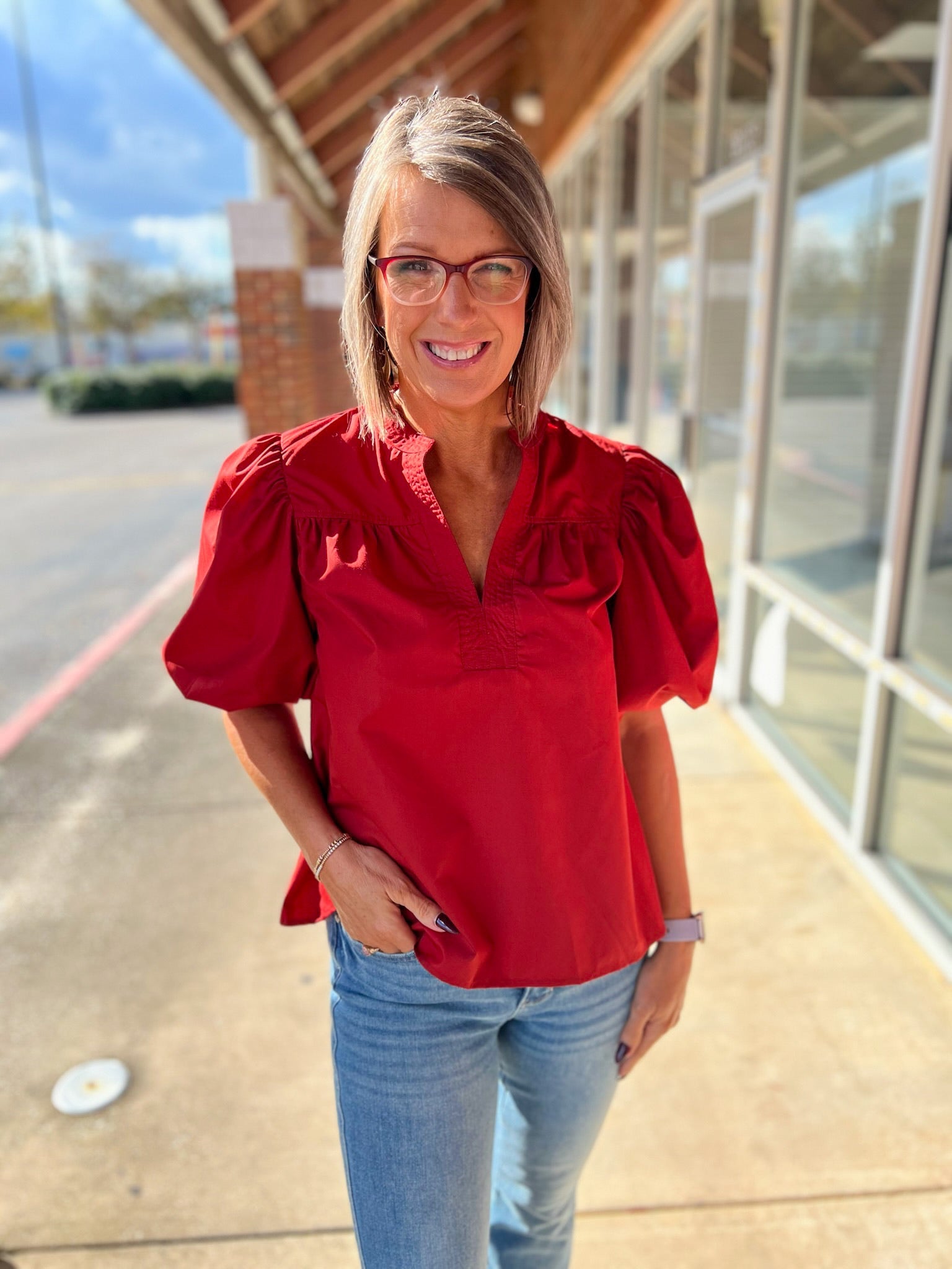 Brick Red V - Neck Elbow Length Bubble Sleeve Top - A'Bekah's Boutique