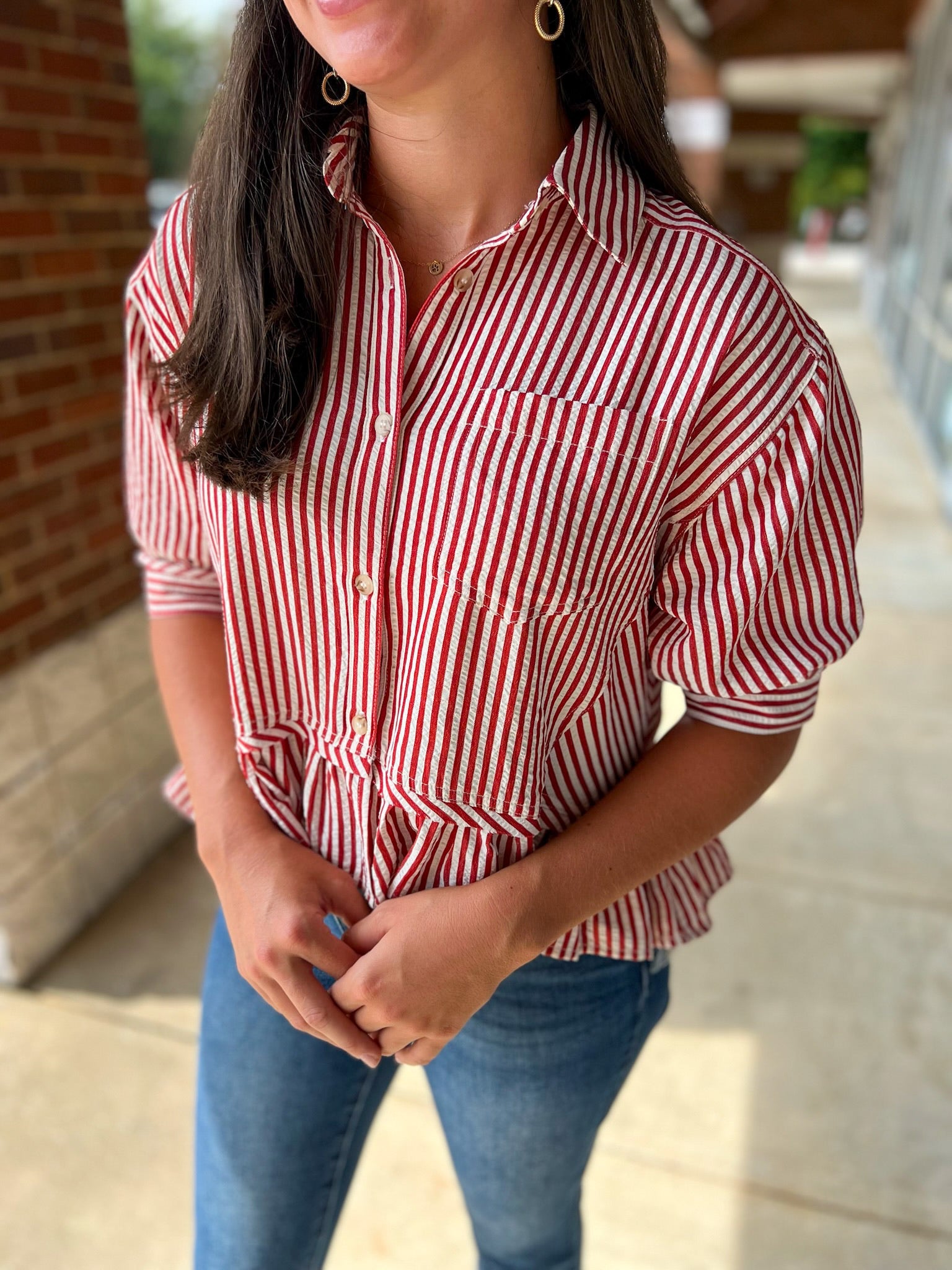 Brick Striped Button Up Top with Ruffle Hem - A'Bekah's Boutique