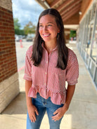 Brick Striped Button Up Top with Ruffle Hem - A'Bekah's Boutique