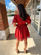 Brick Zip Front Smocked Waist Dress with Eyelet Hem - A'Bekah's Boutique