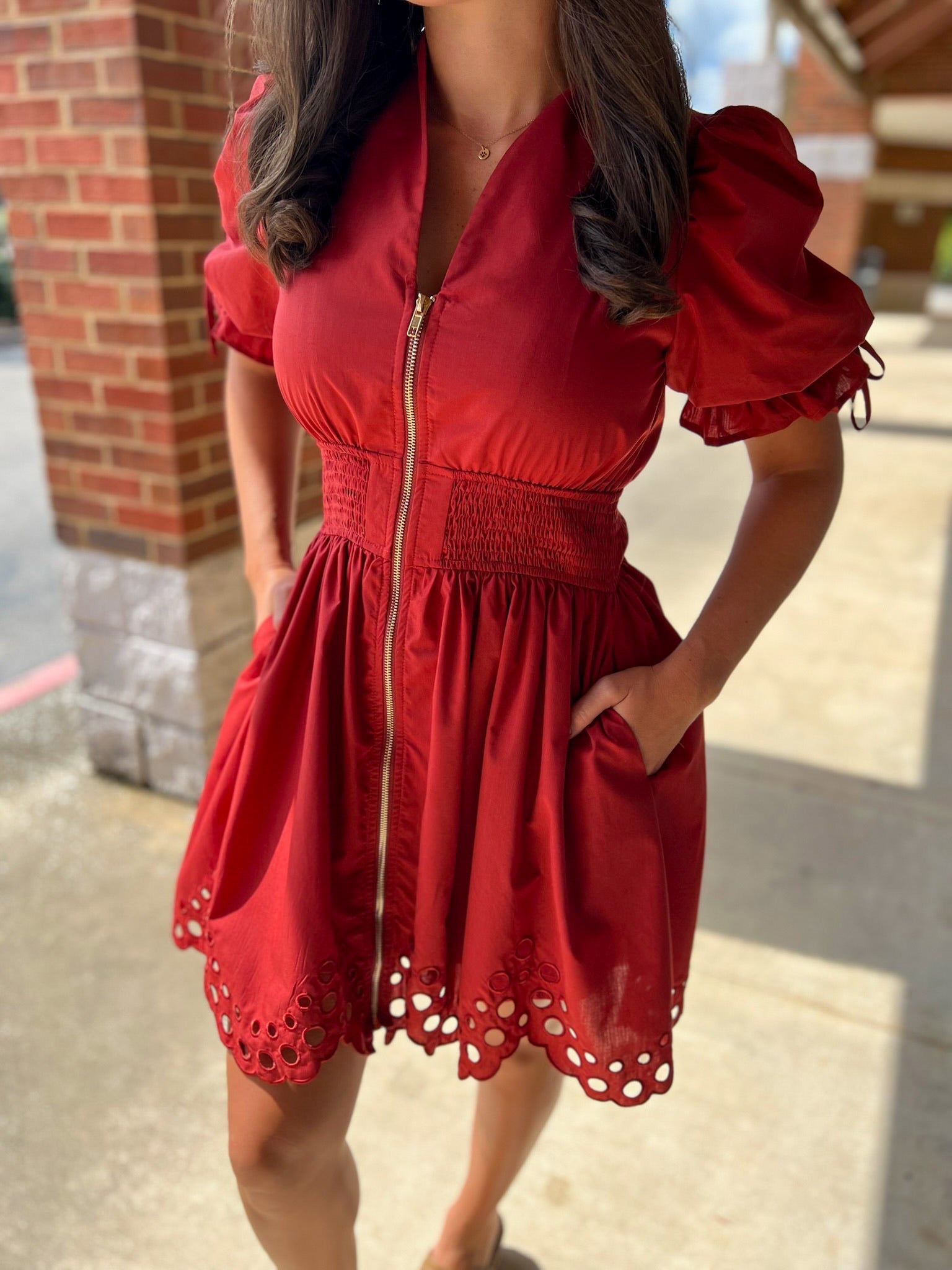 Brick Zip Front Smocked Waist Dress with Eyelet Hem - A'Bekah's Boutique