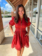 Brick Zip Front Smocked Waist Dress with Eyelet Hem - A'Bekah's Boutique