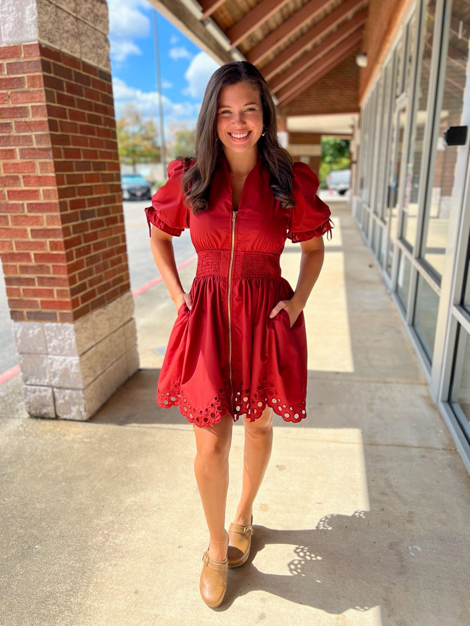 Brick Zip Front Smocked Waist Dress with Eyelet Hem - A'Bekah's Boutique