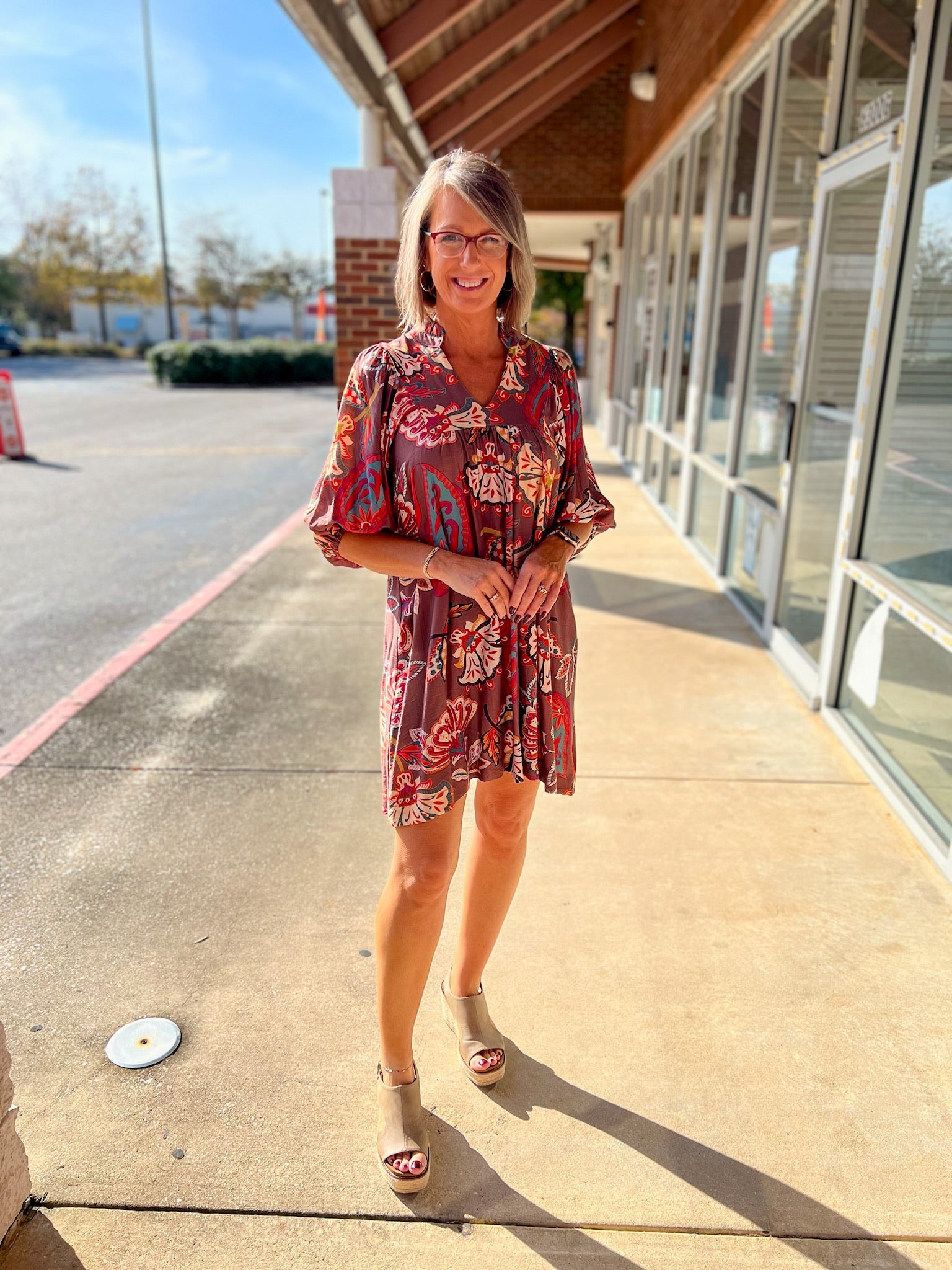 Brown Abstract Print 3/4 Sleeve Babydoll V - Neck Dress - A'Bekah's Boutique