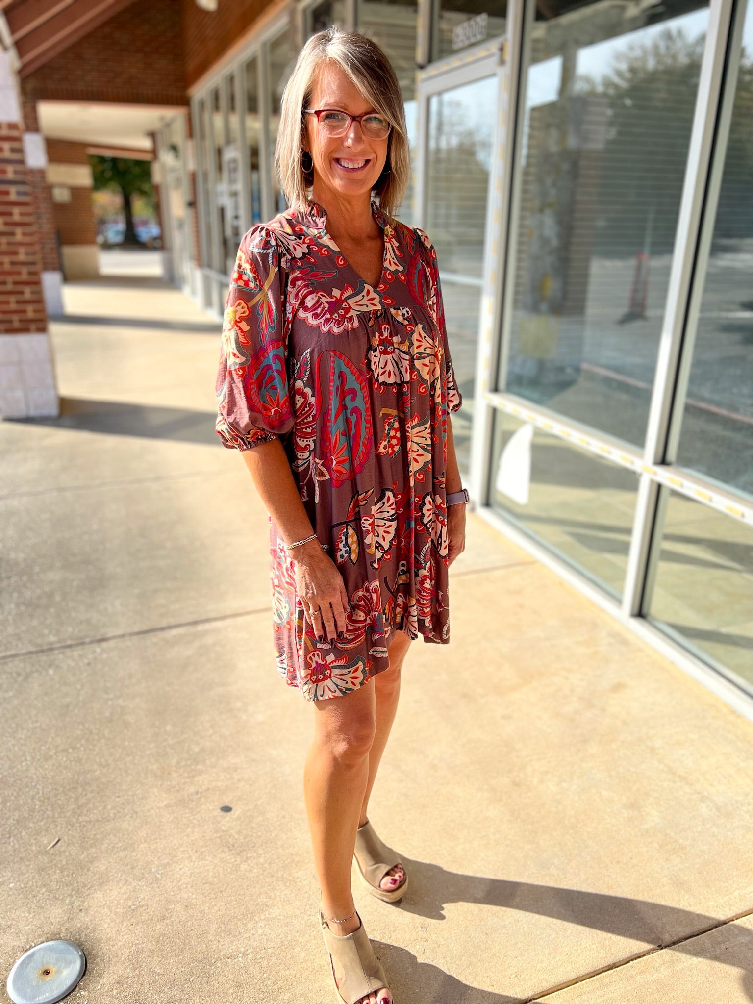 Brown Abstract Print 3/4 Sleeve Babydoll V - Neck Dress - A'Bekah's Boutique