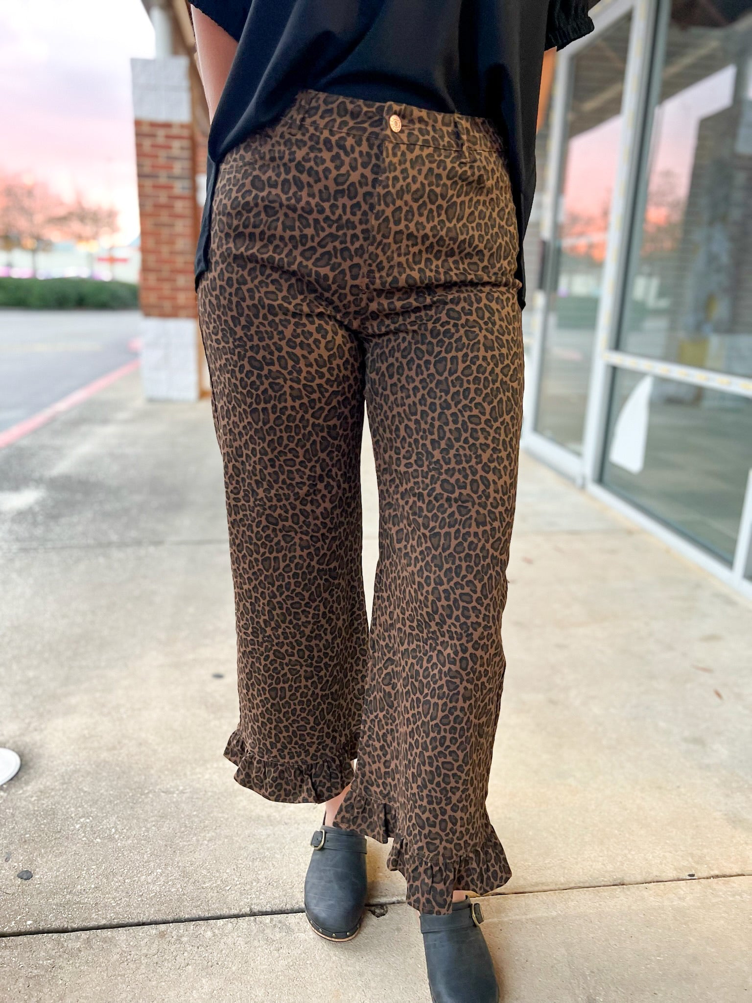Brown Animal Print Wide Leg Pants with Ruffle Hem - A'Bekah's Boutique