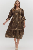 Brown Botanical Print Curvy Midi Dress with Side Ties (C) - A'Bekah's Boutique