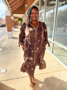 Brown Botanical Print Curvy Midi Dress with Side Ties (C) - A'Bekah's Boutique