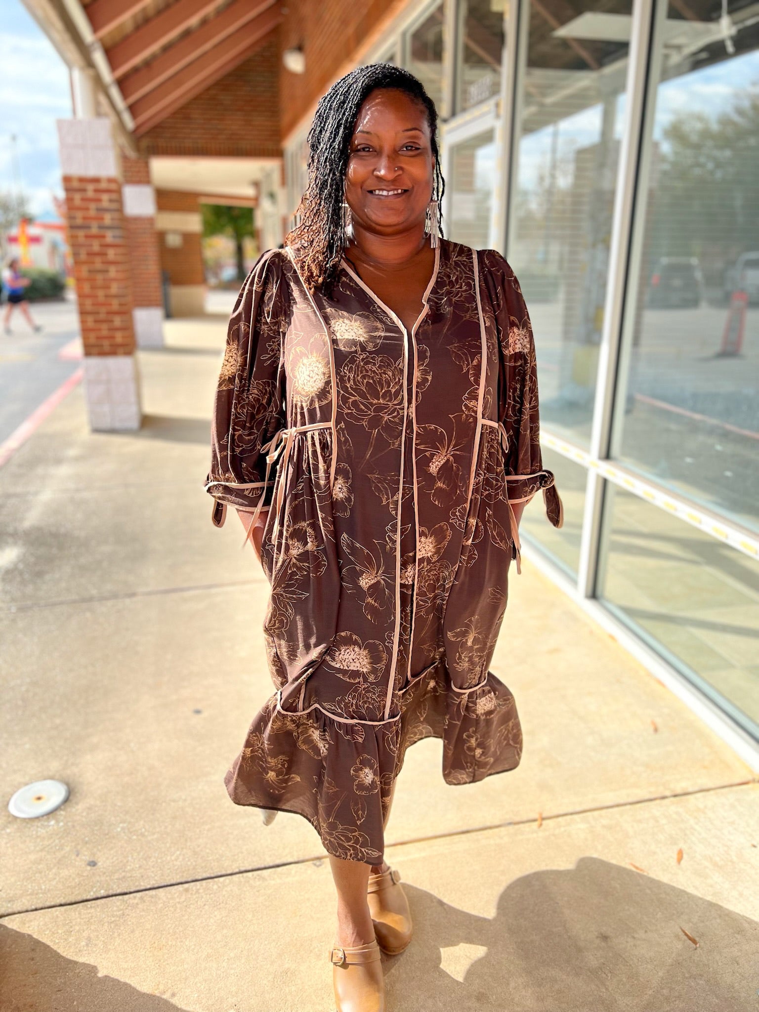 Brown Botanical Print Curvy Midi Dress with Side Ties (C) - A'Bekah's Boutique