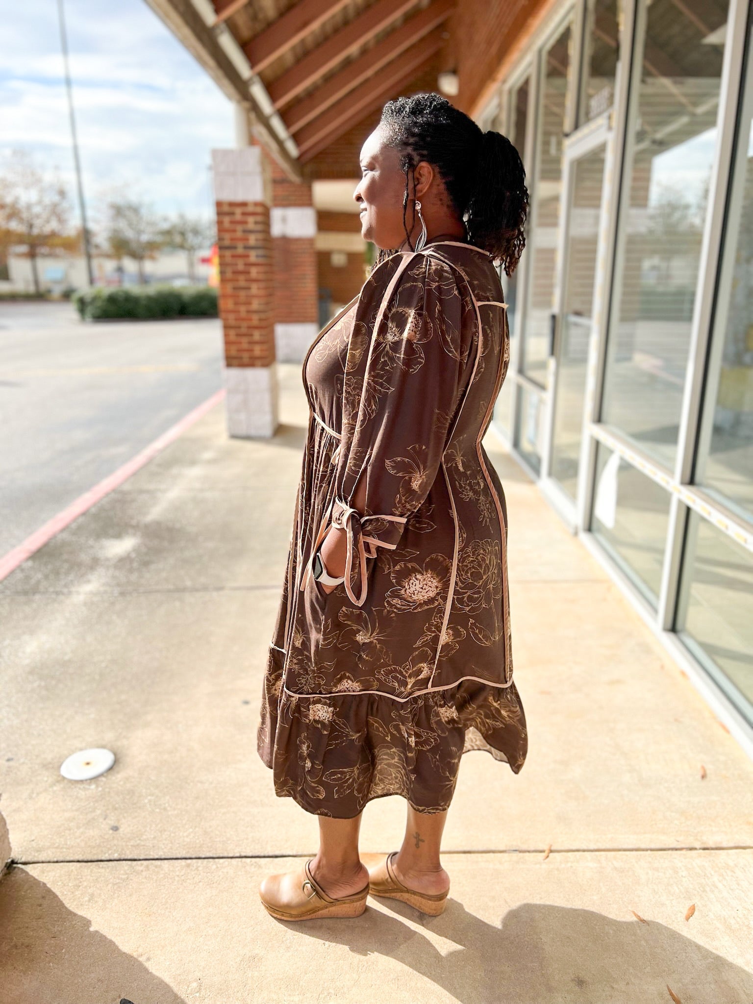 Brown Botanical Print Curvy Midi Dress with Side Ties (C) - A'Bekah's Boutique