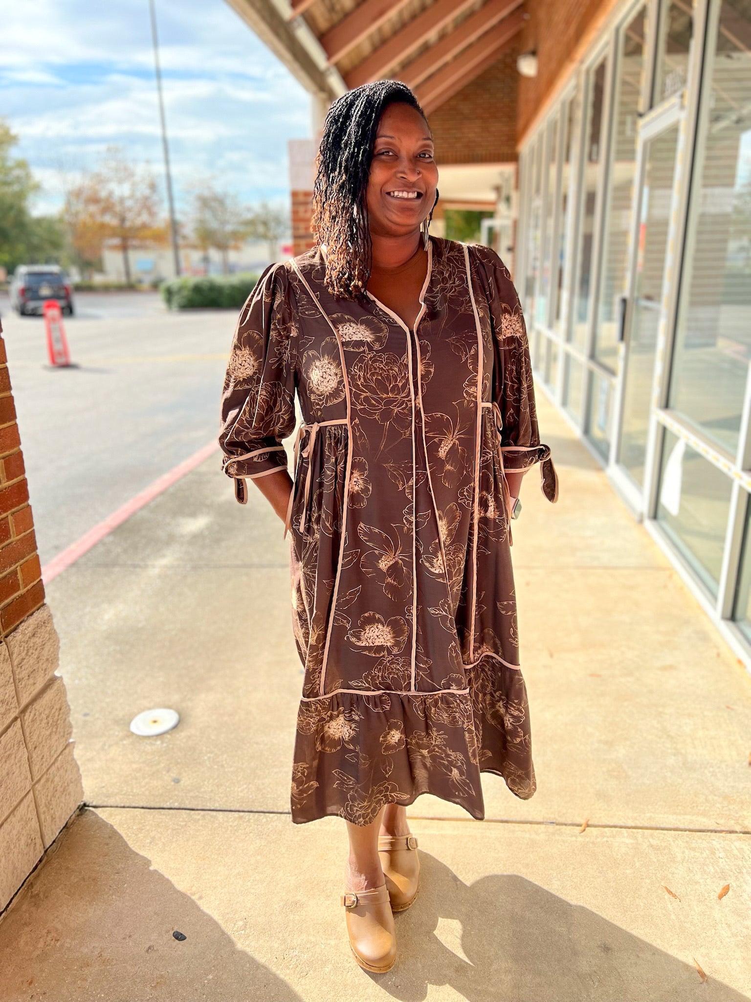 Brown Botanical Print Curvy Midi Dress with Side Ties (C) - A'Bekah's Boutique
