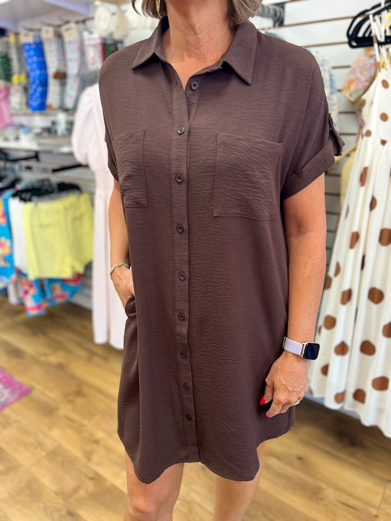 Brown Button Down Short Sleeve Shirt Dress - A'Bekah's Boutique