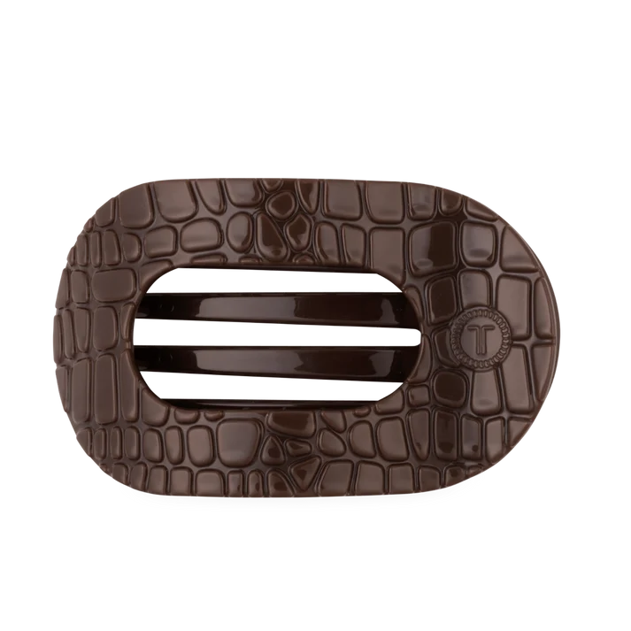 Teleties brown crocodile-embossed oval flat hair clip with slot openings