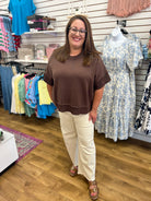 Brown Drop Shoulder Half Sleeve Sweater - A'Bekah's Boutique