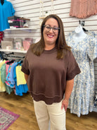 Brown Drop Shoulder Half Sleeve Sweater - A'Bekah's Boutique