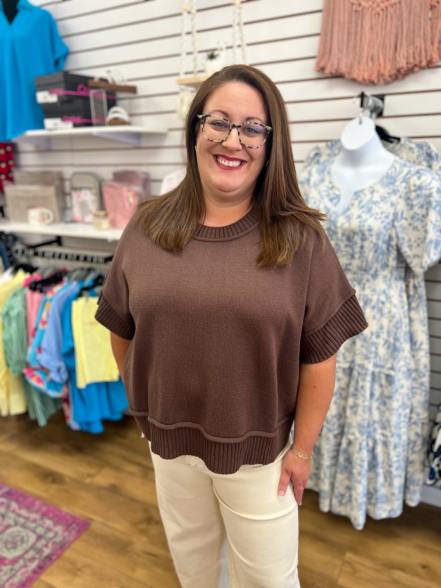Brown Drop Shoulder Half Sleeve Sweater - A'Bekah's Boutique