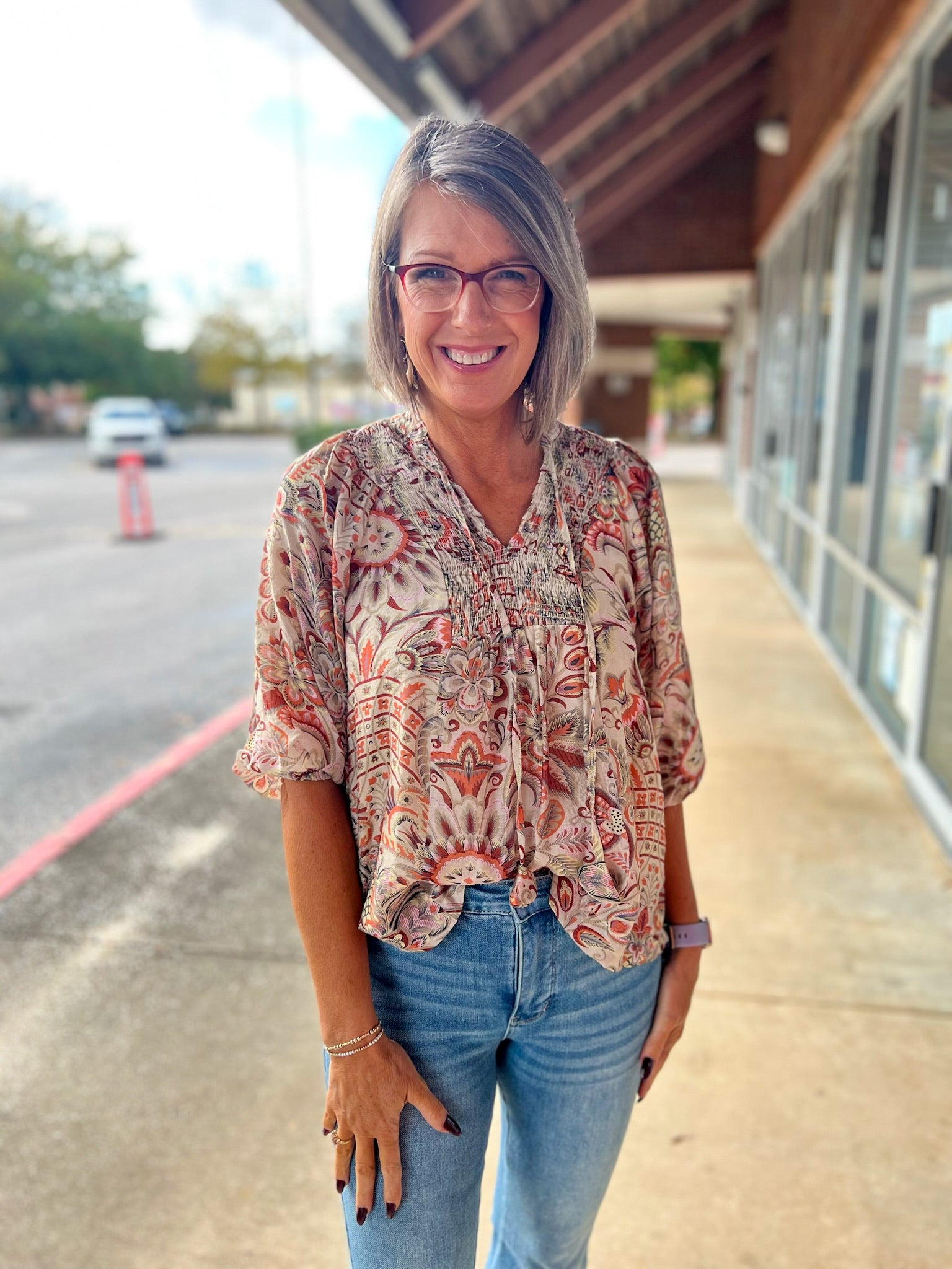 Brown Floral Boho Print Top with Smocked V - Neck - A'Bekah's Boutique