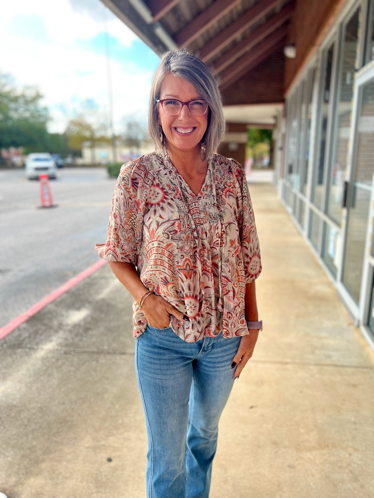 Brown Floral Boho Print Top with Smocked V - Neck - A'Bekah's Boutique