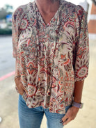 Brown Floral Boho Print Top with Smocked V - Neck - A'Bekah's Boutique