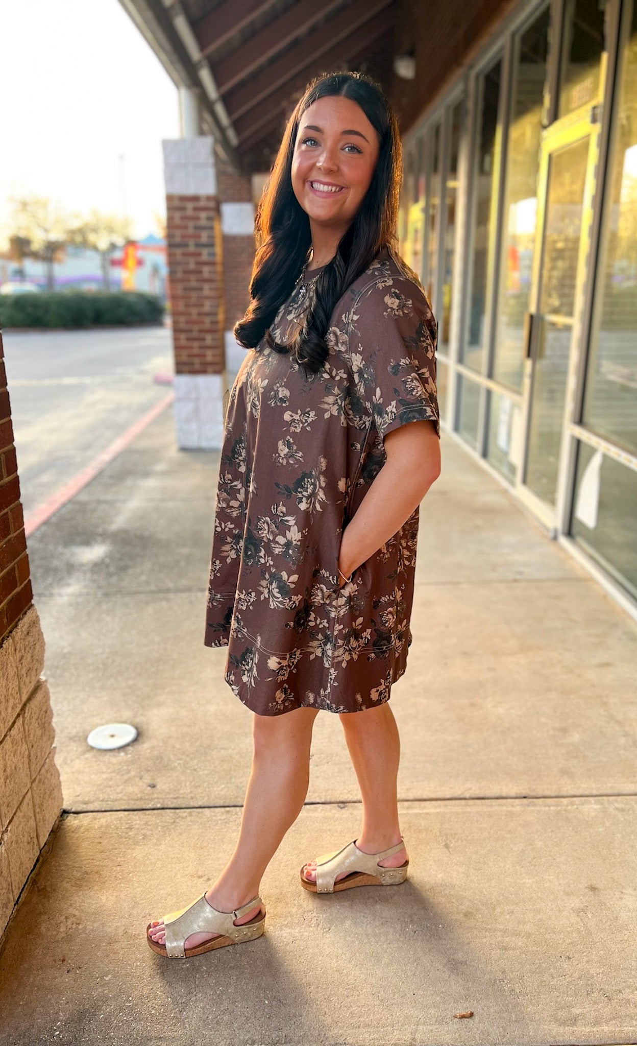 Brown Floral Short Sleeve Dress with Pockets - A'Bekah's Boutique