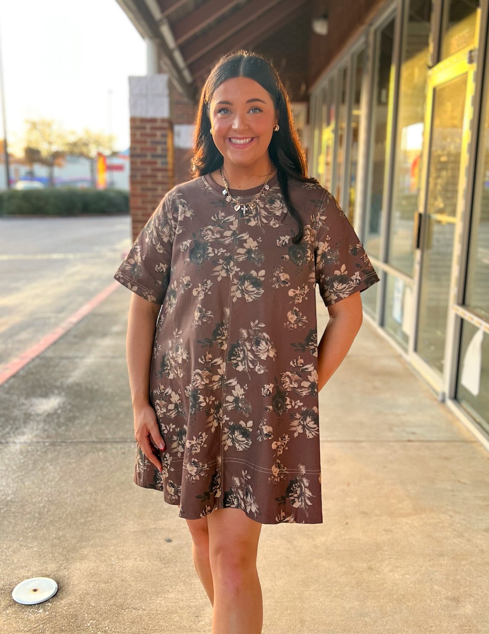 Brown Floral Short Sleeve Dress with Pockets - A'Bekah's Boutique