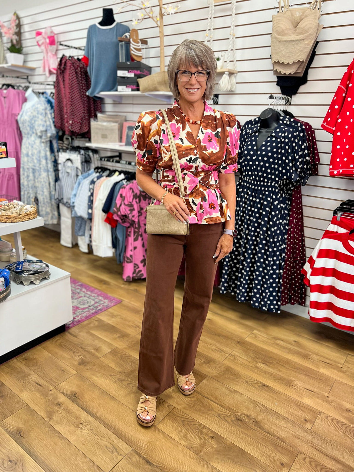 Brown Floral Top with Short Puff Sleeves and Tie Waist - A'Bekah's Boutique